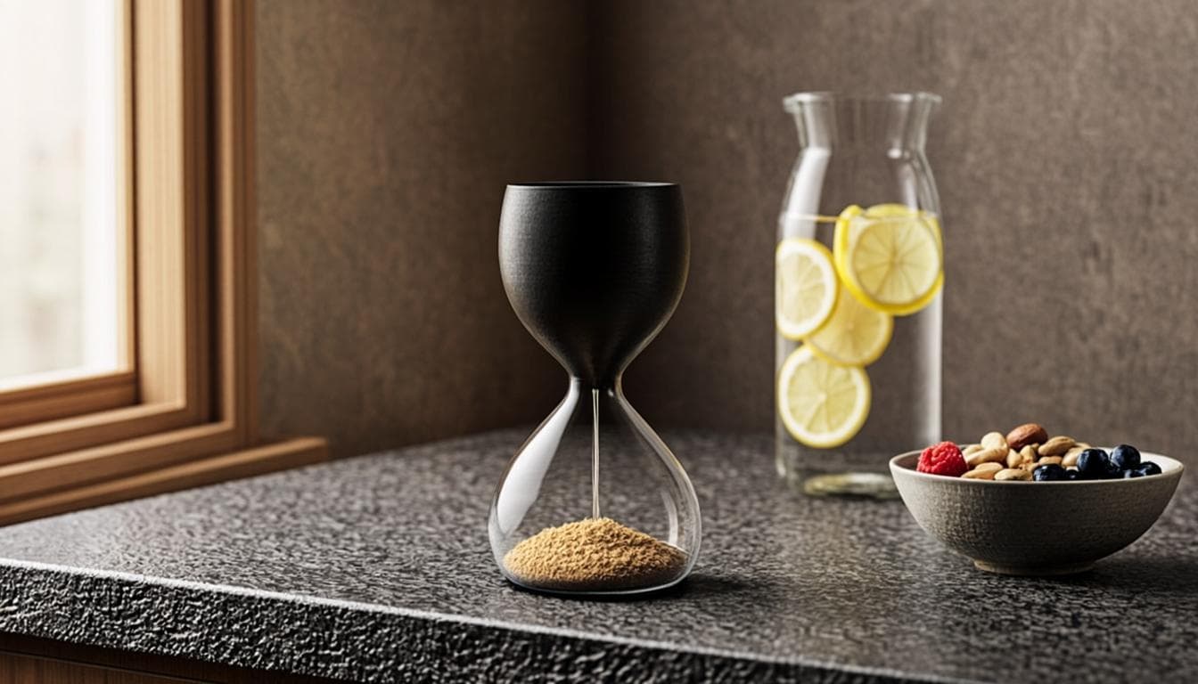 Reloj de arena mate negro con arena dorada cayendo, junto a una jarra de agua con limón, sobre superficie de carbón.