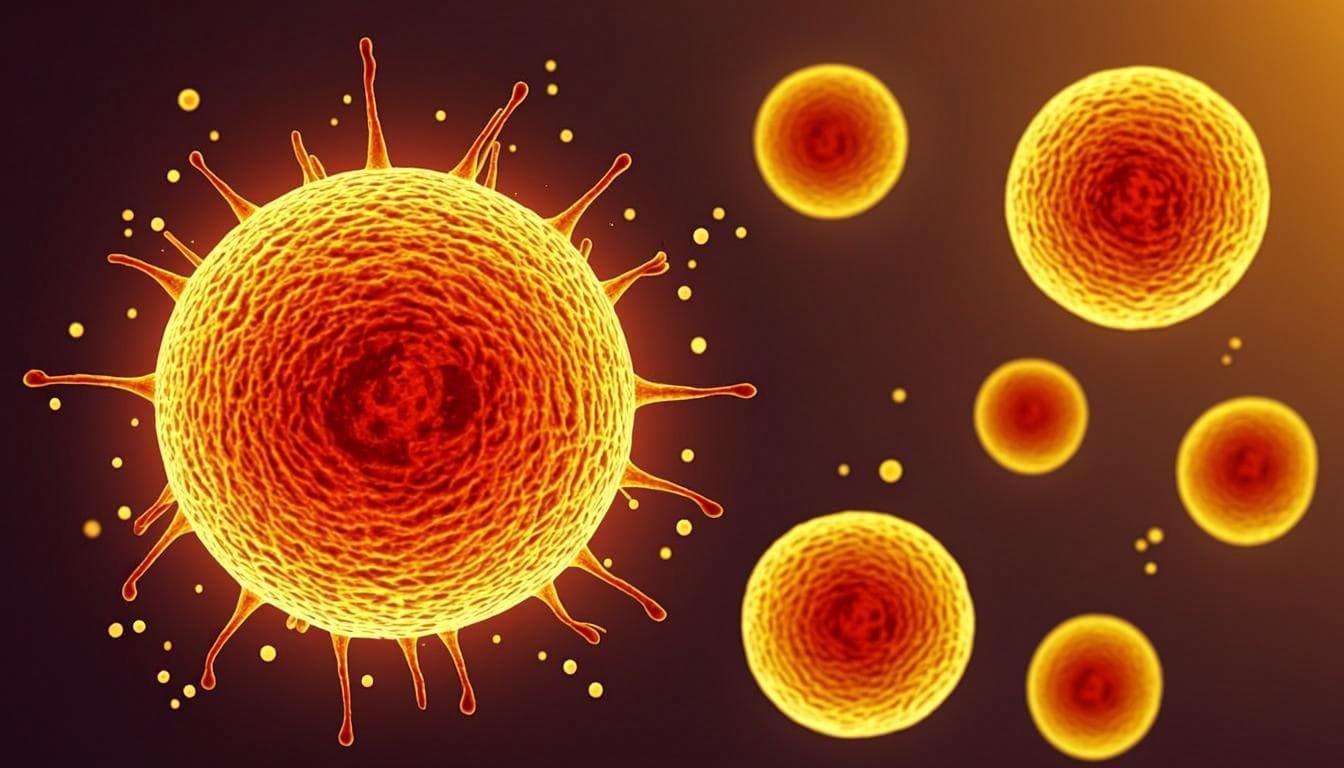 Visualización abstracta de células inflamadas en rojo y naranja transformándose a células saludables en dorado, sobre fondo oscuro.