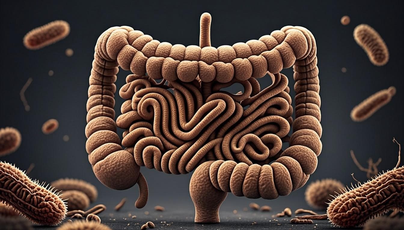 Ilustración científica de microbioma intestinal con bacterias doradas beneficiosas sobre fondo oscuro.