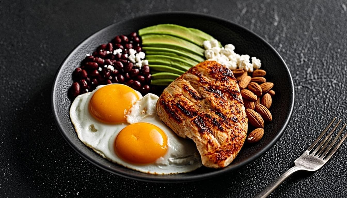 Plato oscuro con comida alta en proteína: pollo, huevos, aguacate, frijoles y almendras sobre superficie de carbón, con iluminación dorada.
